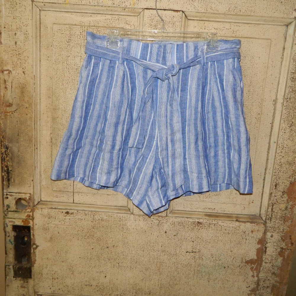 H&M Linen Blend Striped High Rise Tie Waist Casual Shorts Blue White 12 (L-7)